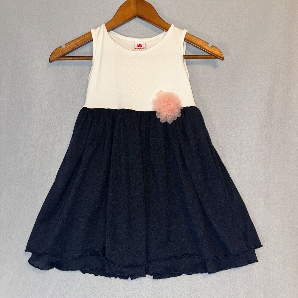 Kool Kids Dress Little Girls XL  Blue‎ White Sleeveless Lined Pink Brooch